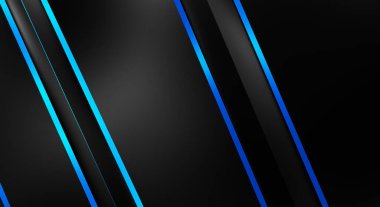 Metin için kopyalama alanı olan soyut siyah paneller. Üç boyutlu illüstrasyon. Renkli ışık özellikli koyu renk tasarım şablonu. Zarif geometrik parlak çizgili arka plan. Minimalist geometrik kapak grafiği.