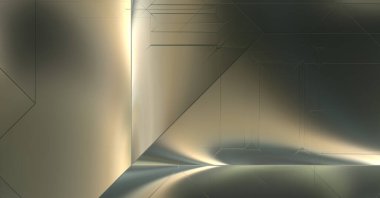 Parlak saten kaplama yüzey teknolojisi 3 boyutlu desen. Lüks yansımalı metal panel dokusu. Arkaplan, duvar kağıdı, uzay gemisi gövdesi için cilalanmış geometrik metal yansıtıcı fütüristik malzeme.