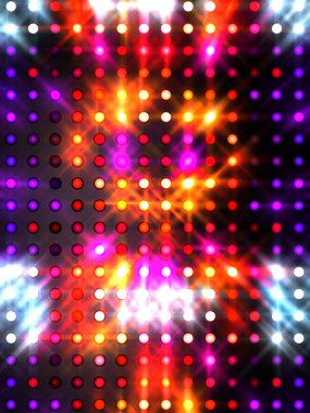 Parlayan ışıklar siyah arka planda parti izleri. Sahne veya stadyum ışıklarının dijital illüstrasyonu. Parlak desenli duvar kağıdı. Sahne ışıkları ile renkli ışıkların ihtişamlı arkaplanı.
