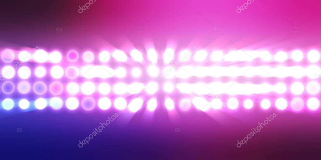 Glowing pattern wallpaper. Glamour background of colorful lights with spotlights. Shining lights party leds on black background. Digital illustration of stage or stadium spotlights. 