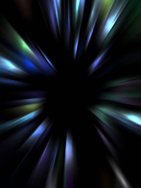 Siyah arkaplanda izole edilmiş dinamik ışık ışınları. Parlayan renkli ışık parçacıklarının grafiksel 2d çizimi.