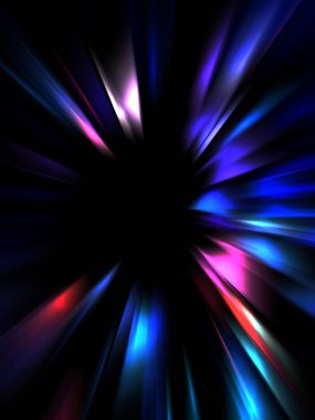 Siyah arkaplanda izole edilmiş dinamik ışık ışınları. Parlayan renkli ışık parçacıklarının grafiksel 2d çizimi.