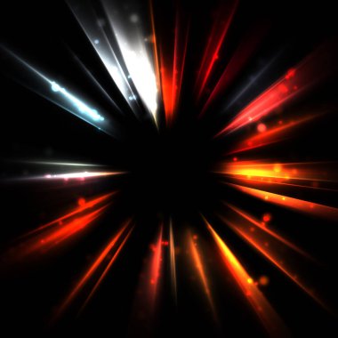 Işık huzmeleri ve parlayan parçacıkların kesiştiği güzel bir zemin. Canlı renkli ışıkların duvar kâğıdı. Parlak ışık görüntüsü.