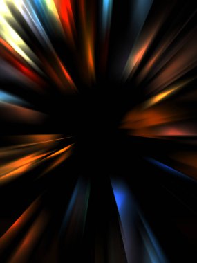 Siyah arkaplanda izole edilmiş dinamik ışık ışınları. Parlayan renkli ışık parçacıklarının grafiksel 2d çizimi.