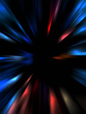 Siyah arkaplanda izole edilmiş dinamik ışık ışınları. Parlayan renkli ışık parçacıklarının grafiksel 2d çizimi.