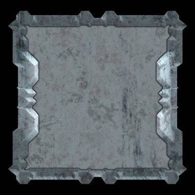 Gelecekçi tasarım şablonu. Metal paslı tabak menüsü. Teknoloji afişi beyaz arkaplanda izole edildi. Bilim kurgu elemanı grafiği. Metalik paslanmış 3 boyutlu illüstrasyon.  