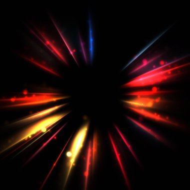 Işık huzmeleri ve parlayan parçacıkların kesiştiği güzel bir zemin. Canlı renkli ışıkların duvar kâğıdı. Parlak ışık görüntüsü.