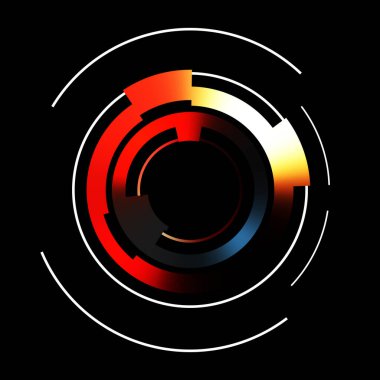 Gelecekçi hud arayüzü elementi. Soyut geometrik arkaplan. Dijital teknolojinin grafiksel çizimi siyah arkaplanda izole edildi..