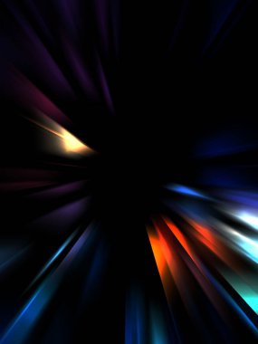 Siyah arkaplanda izole edilmiş dinamik ışık ışınları. Parlayan renkli ışık parçacıklarının grafiksel 2d çizimi.