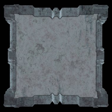 Gelecekçi tasarım şablonu. Metal paslı tabak menüsü. Teknoloji afişi beyaz arkaplanda izole edildi. Bilim kurgu elemanı grafiği. Metalik paslanmış 3 boyutlu illüstrasyon.  