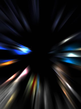 Siyah arkaplanda izole edilmiş dinamik ışık ışınları. Parlayan renkli ışık parçacıklarının grafiksel 2d çizimi.