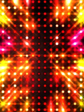 Parlayan ışıklar siyah arka planda parti izleri. Sahne veya stadyum ışıklarının dijital illüstrasyonu. Parlak desenli duvar kağıdı. Sahne ışıkları ile renkli ışıkların ihtişamlı arkaplanı.