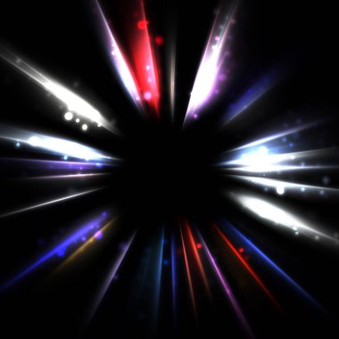 Işık huzmeleri ve parlayan parçacıkların kesiştiği güzel bir zemin. Canlı renkli ışıkların duvar kâğıdı. Parlak ışık görüntüsü.