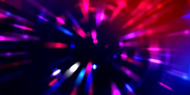 Parlayan ışıkları hareket ettirmenin havalı arka planı. Tasarımınız için canlı renkli bir portal şablonu. Işık ışınları ve hareket halindeki ışıldayan parçacıklar bir solucan deliği şekli oluşturuyor..