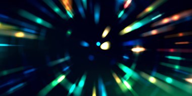 Parlayan ışıkları hareket ettirmenin havalı arka planı. Tasarımınız için canlı renkli bir portal şablonu. Işık ışınları ve hareket halindeki ışıldayan parçacıklar bir solucan deliği şekli oluşturuyor..