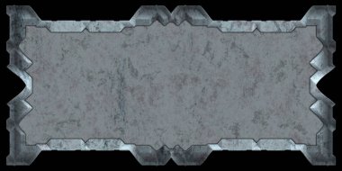 Gelecekçi tasarım şablonu. Metal paslı tabak menüsü. Teknoloji afişi beyaz arkaplanda izole edildi. Bilim kurgu elemanı grafiği. Metalik paslanmış 3 boyutlu illüstrasyon.  