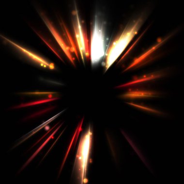 Işık huzmeleri ve parlayan parçacıkların kesiştiği güzel bir zemin. Canlı renkli ışıkların duvar kâğıdı. Parlak ışık görüntüsü.