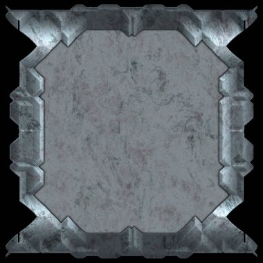 Gelecekçi tasarım şablonu. Metal paslı tabak menüsü. Teknoloji afişi beyaz arkaplanda izole edildi. Bilim kurgu elemanı grafiği. Metalik paslanmış 3 boyutlu illüstrasyon.  