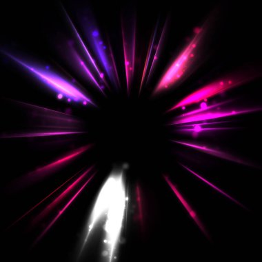 Işık huzmeleri ve parlayan parçacıkların kesiştiği güzel bir zemin. Canlı renkli ışıkların duvar kâğıdı. Parlak ışık görüntüsü.