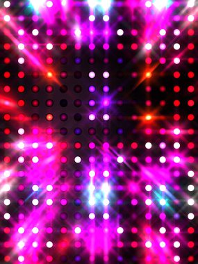 Parlayan ışıklar siyah arka planda parti izleri. Sahne veya stadyum ışıklarının dijital illüstrasyonu. Parlak desenli duvar kağıdı. Sahne ışıkları ile renkli ışıkların ihtişamlı arkaplanı.