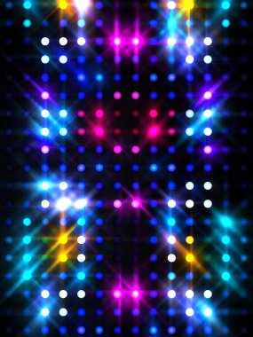 Parlayan ışıklar siyah arka planda parti izleri. Sahne veya stadyum ışıklarının dijital illüstrasyonu. Parlak desenli duvar kağıdı. Sahne ışıkları ile renkli ışıkların ihtişamlı arkaplanı.