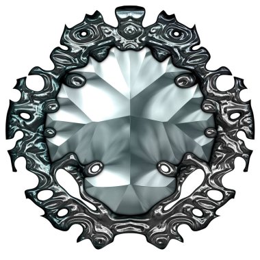 Beyaz arka planda izole bir mücevher. Mücevherli bir fantezi mücevherin 3 boyutlu görüntüsü. Masal elementi. Lüks grafik duvar kağıdı.