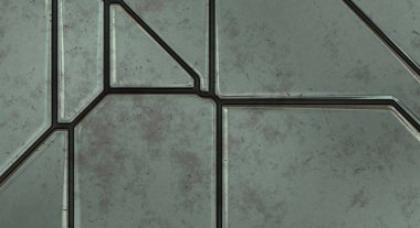 Gelecekçi kavramsal tasarım arka planı. Uzay gemisi desenli duvar kağıdı. Fırçalanmış teknoloji şablonu yüzeyi. Üç boyutlu illüstrasyon. SciFi panelleri duvar.