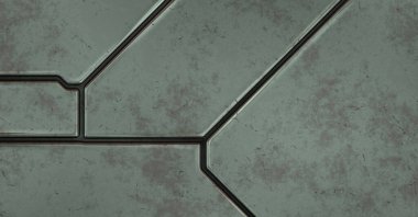 Gelecekçi kavramsal tasarım arka planı. Uzay gemisi desenli duvar kağıdı. Fırçalanmış teknoloji şablonu yüzeyi. Üç boyutlu illüstrasyon. SciFi panelleri duvar.