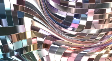 Metalik panel dokusunun 3 boyutlu çizimi. Renkli, parlak, soyut duvar kağıdı. Geometrik teknolojik parlak yansıtıcı arka plan. Yaratıcı parlak kavramsal arkaplan.