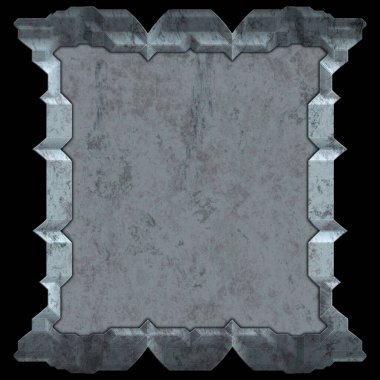 Gelecekçi tasarım şablonu. Metal paslı tabak menüsü. Teknoloji afişi beyaz arkaplanda izole edildi. Bilim kurgu elemanı grafiği. Metalik paslanmış 3 boyutlu illüstrasyon.  