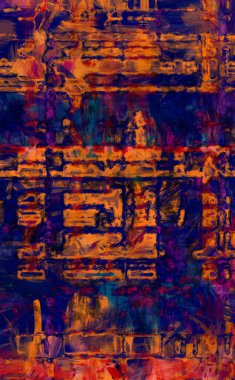 Kaotik resim. Taranmış Boyalı Soyut Arkaplan. Tuval üzerinde etkileyici fırçalanmış resim. Fırça darbesi ile boyanmış. Kaos duvarı sanatı. Sanatsal canlılık ve renkli duvar kağıdı.