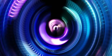 Fotoğraf makinesi konsepti. Soyut arkaplan. Dönen ışık ışınları. Hareketli kavramsal duvar kağıdı. Grafik dijital illüstrasyon. Parlayan neon ışıkları. Parlak sunum tasarım şablonu.