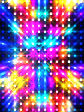 Parlayan ışıklar siyah arka planda parti izleri. Sahne veya stadyum ışıklarının dijital illüstrasyonu. Parlak desenli duvar kağıdı. Sahne ışıkları ile renkli ışıkların ihtişamlı arkaplanı.