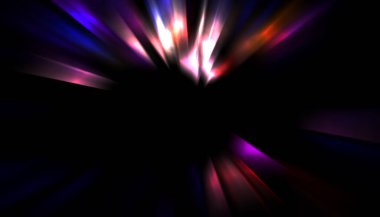 Siyah arkaplanda izole edilmiş dinamik ışık ışınları. Parlayan renkli ışık parçacıklarının grafiksel 2d çizimi.