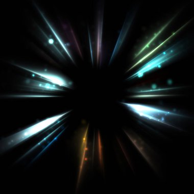 Işık huzmeleri ve parlayan parçacıkların kesiştiği güzel bir zemin. Canlı renkli ışıkların duvar kâğıdı. Parlak ışık görüntüsü.