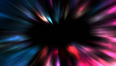 Siyah arkaplanda izole edilmiş dinamik ışık ışınları. Parlayan renkli ışık parçacıklarının grafiksel 2d çizimi.