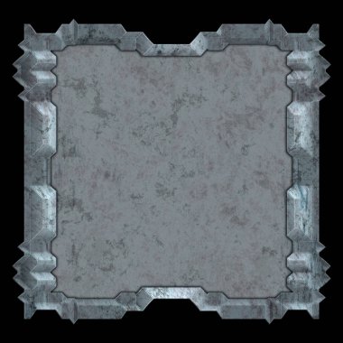 Gelecekçi tasarım şablonu. Metal paslı tabak menüsü. Teknoloji afişi beyaz arkaplanda izole edildi. Bilim kurgu elemanı grafiği. Metalik paslanmış 3 boyutlu illüstrasyon.  