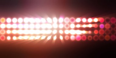 Parlak desenli duvar kağıdı. Sahne ışıkları olan renkli ışıkların ihtişamlı arkaplanı. Parlayan ışıklar siyah arka planda parti izleri. Sahne veya stadyum ışıklarının dijital illüstrasyonu. 