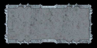 Gelecekçi tasarım şablonu. Metal paslı tabak menüsü. Teknoloji afişi beyaz arkaplanda izole edildi. Bilim kurgu elemanı grafiği. Metalik paslanmış 3 boyutlu illüstrasyon.  