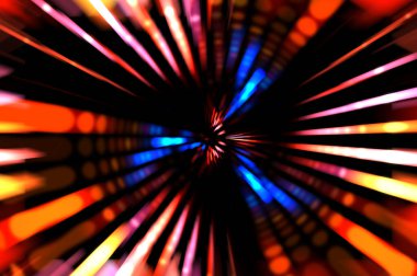 Siyah arkaplanda dönen ışık gösterisi. Lüks çizgiler. Parlak kıvrımlı duvar kağıdı. Uzay tüneli. Dönen ışık çemberi ya da maytap izi. Parlak konsept çizimi.