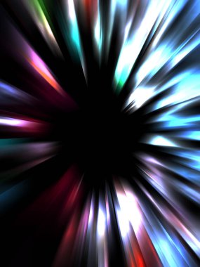 Siyah arkaplanda izole edilmiş dinamik ışık ışınları. Parlayan renkli ışık parçacıklarının grafiksel 2d çizimi.