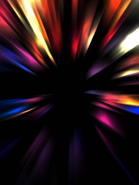 Siyah arkaplanda izole edilmiş dinamik ışık ışınları. Parlayan renkli ışık parçacıklarının grafiksel 2d çizimi.