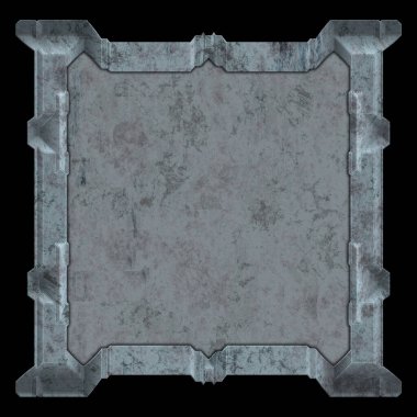 Gelecekçi tasarım şablonu. Metal paslı tabak menüsü. Teknoloji afişi beyaz arkaplanda izole edildi. Bilim kurgu elemanı grafiği. Metalik paslanmış 3 boyutlu illüstrasyon.  