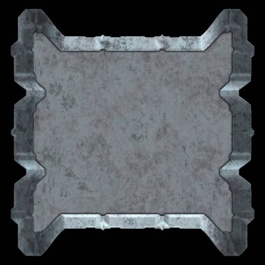 Gelecekçi tasarım şablonu. Metal paslı tabak menüsü. Teknoloji afişi beyaz arkaplanda izole edildi. Bilim kurgu elemanı grafiği. Metalik paslanmış 3 boyutlu illüstrasyon.  