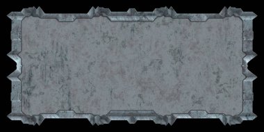 Gelecekçi tasarım şablonu. Metal paslı tabak menüsü. Teknoloji afişi beyaz arkaplanda izole edildi. Bilim kurgu elemanı grafiği. Metalik paslanmış 3 boyutlu illüstrasyon.  