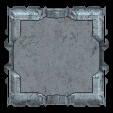 Gelecekçi tasarım şablonu. Metal paslı tabak menüsü. Teknoloji afişi beyaz arkaplanda izole edildi. Bilim kurgu elemanı grafiği. Metalik paslanmış 3 boyutlu illüstrasyon.  