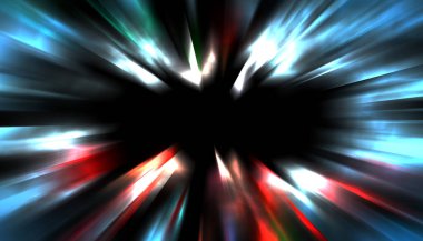 Siyah arkaplanda izole edilmiş dinamik ışık ışınları. Parlayan renkli ışık parçacıklarının grafiksel 2d çizimi.