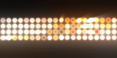 Parlak desenli duvar kağıdı. Sahne ışıkları olan renkli ışıkların ihtişamlı arkaplanı. Parlayan ışıklar siyah arka planda parti izleri. Sahne veya stadyum ışıklarının dijital illüstrasyonu. 