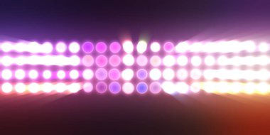 Parlak desenli duvar kağıdı. Sahne ışıkları olan renkli ışıkların ihtişamlı arkaplanı. Parlayan ışıklar siyah arka planda parti izleri. Sahne veya stadyum ışıklarının dijital illüstrasyonu. 