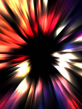 Siyah arkaplanda izole edilmiş dinamik ışık ışınları. Parlayan renkli ışık parçacıklarının grafiksel 2d çizimi.